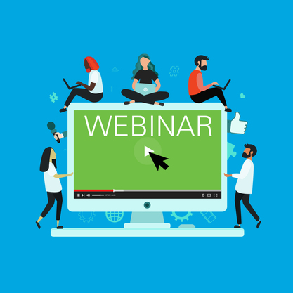 Webinar graphic with people sitting around computer screen